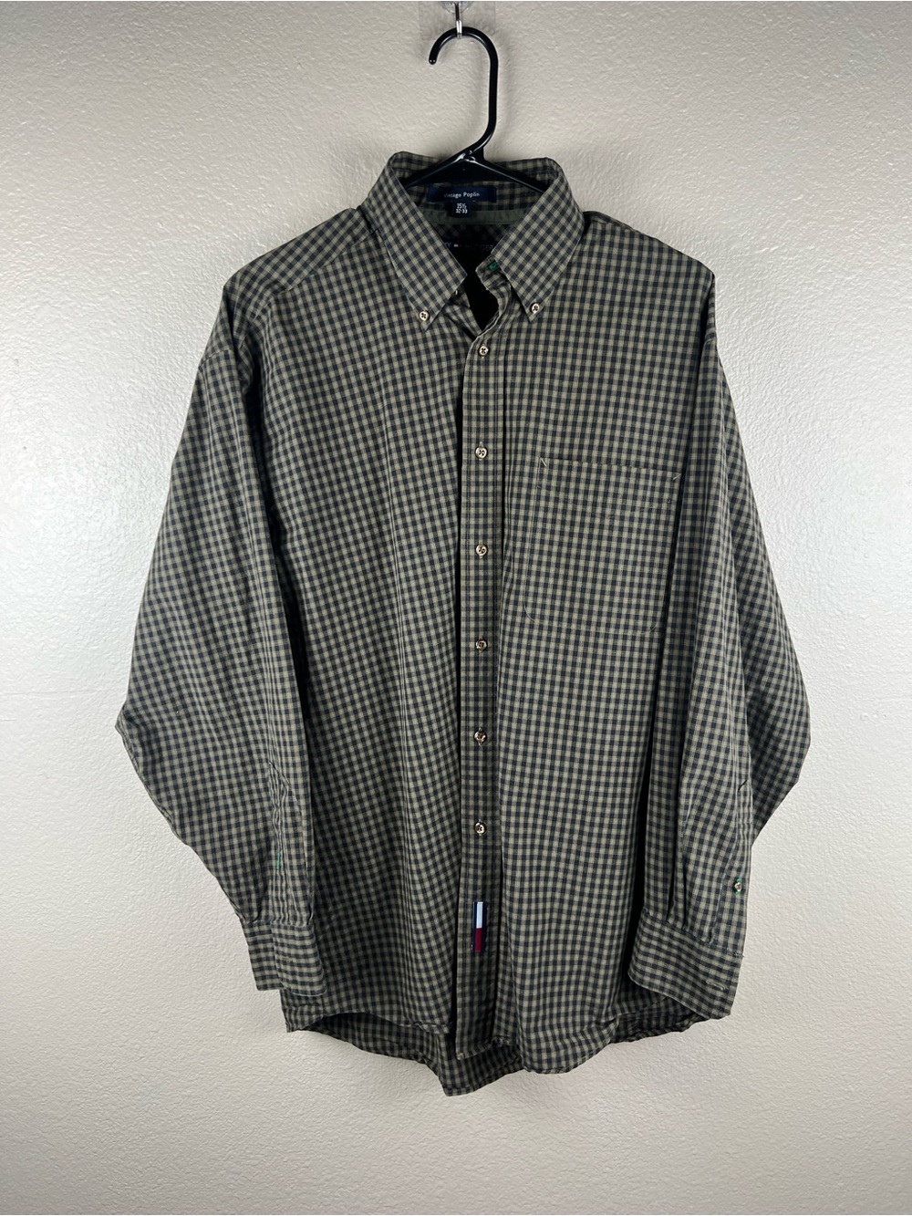 Tommy Hilfiger Vintage Poplin Plaid Button Down Shirt 15.5 32-33 Olive and black
